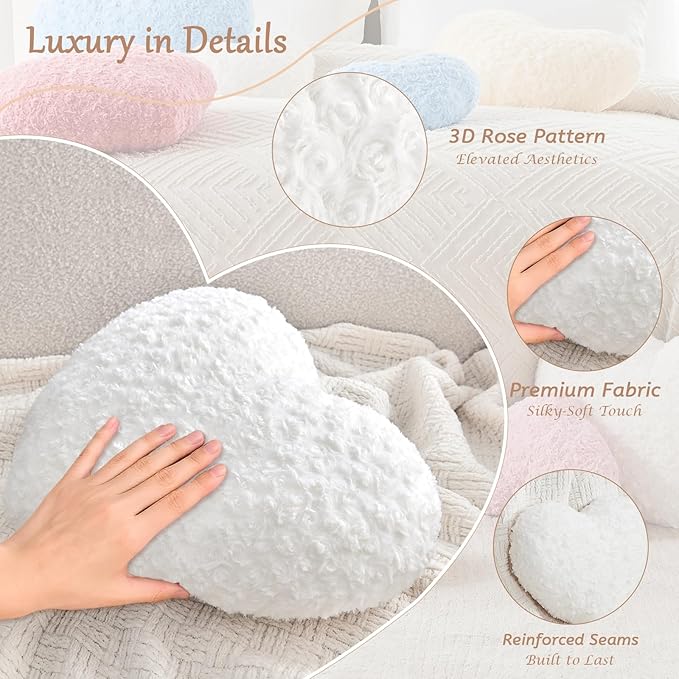 Heart Pillow White Throw Pillows, Soft and Fluffy Decorative Pillows for Bed Couch Chair, Cute Heart Shaped Room Decor for Valentine Anniversary Birthday Halloween Christmas (Small, 13"x10")