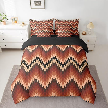 Erosebridal 7 Piece Aztec Native Bedding Set Queen Exotic Brown Western Comforter Set Tribal Geometric Southwestern Bed in A Bag for Kids Adults Vintage Bohemian Stripes Quilt with Flat Fitted Sheet