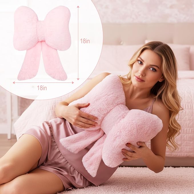 2 Pcs Pink Bow Pillow Faux Fur Pink Throw Pillows Soft Furry Coquette Decorative Cushion Cute Plush Bow Decor for Xmas Girls Home Room Bed Sofa Couch Car Gifts, 12 * 16 Inch