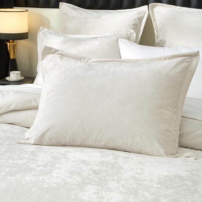 Ivellow Crushed Velvet Comforter Set Queen Ivory Comforter Set 5pcs Ultra Soft Lightweight Breathable Bedding Set Luxury Cozy Flannel Comforter Queen Size (1 Comforter,2 Pillow Shams, 2 Euro Shams