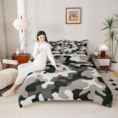 Camouflage Comforter Set Grey Camo Bedding Sets Queen Size Militarily Army Down Comforter For Boys Teens Men Adult Tie Dye Retro Geometric Warm Soft Quilted Duvet 3Pcs Bedroom Decor, All Season