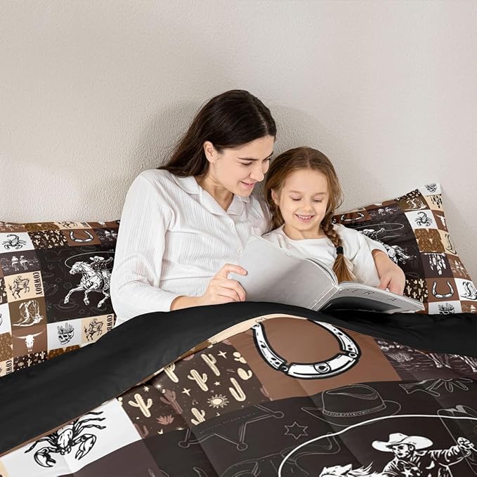 Cowboy Comforter Set King Size,Western Bedding For Boys,Bull Skull Horse Bedding Comforter Sets,Boho Arrows Feather Quilt Set Brown Plaid Grid Print Duvet For Kids Teens Room Decor,2 Pillowcases