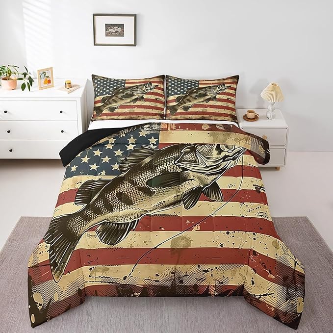 Erosebridal Bass Fishing King Comforter Set,Vintage American Flag Bedding Sets for Kids Boys Men,Big Pike Fish Quilt Bed Set,Rustic Cabin Lake House Bedroom Decor,2 Pillowcases Breathable