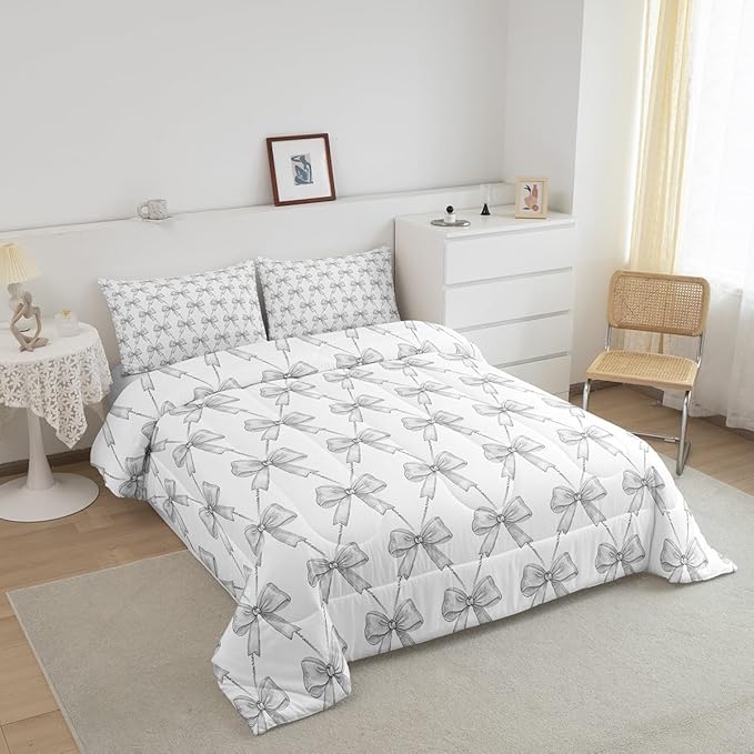 Feelyou Gray Bow Comforter Set Queen Size Cute Bowknot Bedding Set Boys Girls Kawaii Comforter for Kids Women Men Bow and Stripes Duvet Set 3Pcs