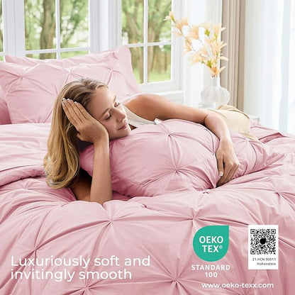 Sasttie California King Comforter Set, 7-Piece Bed in a Bag, Pintuck Bedding Sets for All Season, Includes Comforter, Flat Sheet, Fitted Sheet, Pillowcases and Pillowshams, Baby Pink