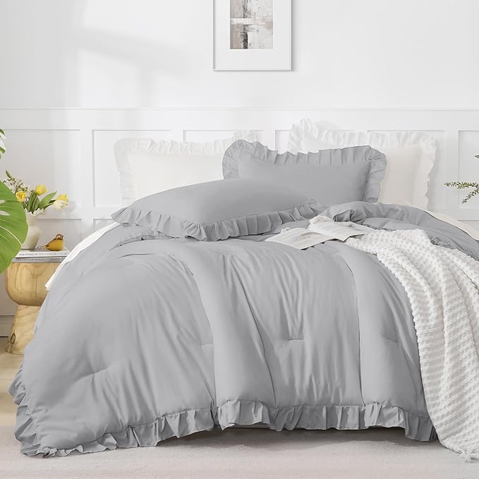 Andency Silver Gray Comforter Set California King Size, 3 Pieces Vintage Shabby Ruffle Bedding Comforter Sets for Cal King Bed, Lightweight Fluffy Soft Microfiber Farmhouse Comforter Set