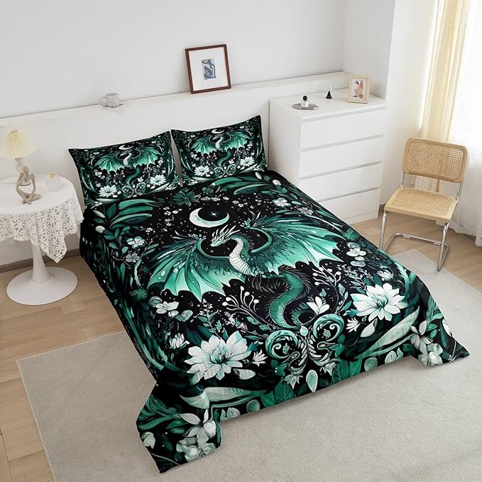 Feelyou Kids Dragon Comforter Set King Size, Green Dragon Bedding Set Dragon Lovers Comforter for Kids Boys Girls Boho Duvet Insert Room Decor 3Pcs