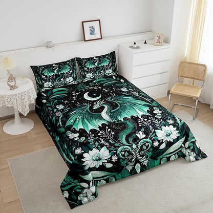 Feelyou Kids Dragon Comforter Set Full Size, Green Dragon Bedding Set Dragon Lovers Comforter for Kids Boys Girls Boho Duvet Insert Room Decor 3Pcs