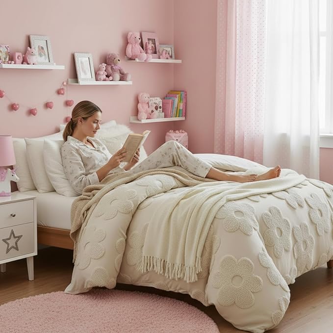 Frienda Spring Floral Full Comforter Cover Set for Girl Women 3 Pcs Tufted Khaki Floral Bedding Set Embroidery Boho Warm Tufted Bedding Include 1 Comforter Cover 2 Pillow Case for Home Gift