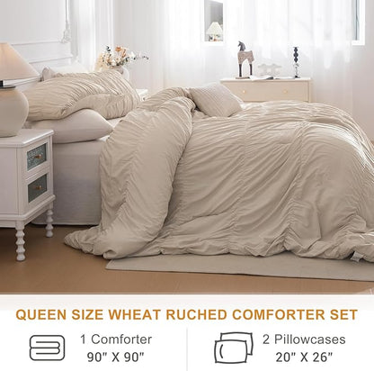 Lady Ann Queen Size Comforter Set 90"*90" - Wheat Ruched Boho Bedding Comforter Sets for Bedroom, 3 Piece Fluffy Bedroom Set with Pillow Shams Ultra Soft All Season Bed Sets for Women Men