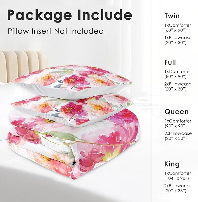 Comforter Set Full Size, Summer Flower Peony 3 Pcs Soft Bedding Set for Kids and Adults, Floral Rose Pink Comforter Set with 2 Pillowcases, for Bedroom Bed Decor