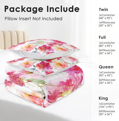 Comforter Set Queen Size, Summer Flower Peony 3 Pcs Soft Bedding Set for Kids and Adults, Floral Rose Pink Comforter Set with 2 Pillowcases, for Bedroom Bed Decor