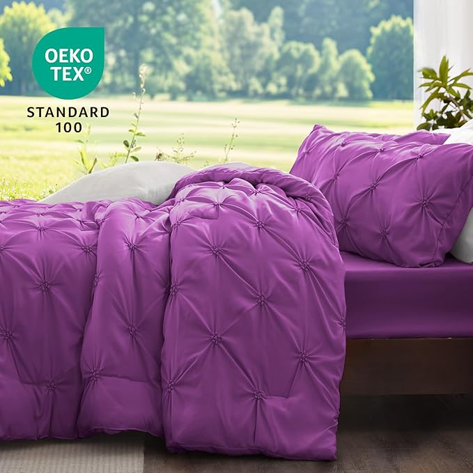 BEDELITE Purple King Size Comforter Set - 3 Pieces Boho Pintuck Bedding Comforter Sets, Lightweight Soft & Warm King Bedding Set with 2 Pillowcases for All Season