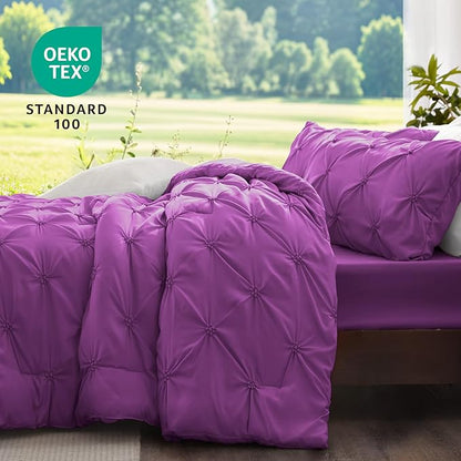 BEDELITE Purple Queen Comforter Set - 3 Pieces Boho Pintuck Bedding Comforter Sets, Lightweight Soft & Warm Bed Comforter Queen with 2 Pillowcases for All Season