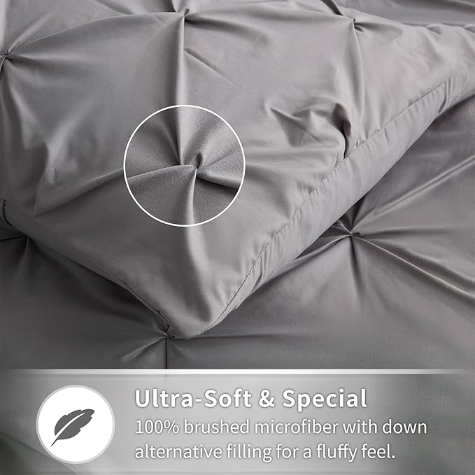 Maple&Stone Twin XL Comforter Set Grey Pinch Pleat 5 Pieces Bed in A Bag, Extra Long Pintuck Comforter Set Gray Twin XL with Down Alternative Comforter, Sheets, Pillowcase & Sham