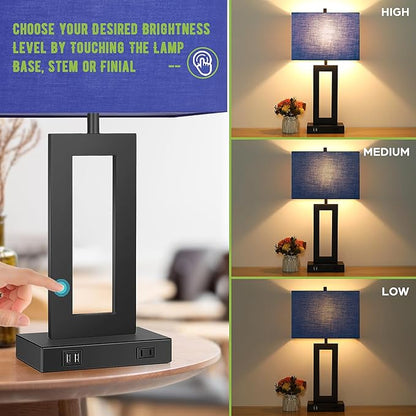 Set of 2 Touch Control Table Lamps with 2 USB Ports&AC Outlet, 3-Way Dimmable Modern Nightstand Lamp Sets, Bedside Desk Lamps for Bedroom Living Room End Tables Reading, Bulbs Included, Blue Shade