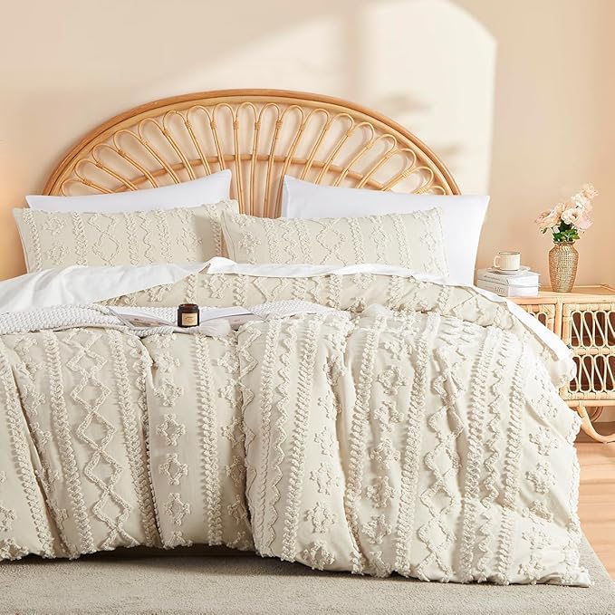 Boho Tufted Comforter Set Queen Size Beige Geometric Tufted Bedding Set 3 Pieces Farmhouse Shabby Chic Embroidery Comforter Soft Jacquard Bed Set for All Seasons with 2 Pillowshams
