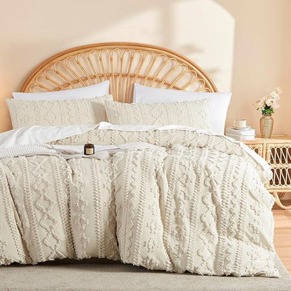 Boho Tufted Comforter Set Queen Size Beige Geometric Tufted Bedding Set 3 Pieces Farmhouse Shabby Chic Embroidery Comforter Soft Jacquard Bed Set for All Seasons with 2 Pillowshams