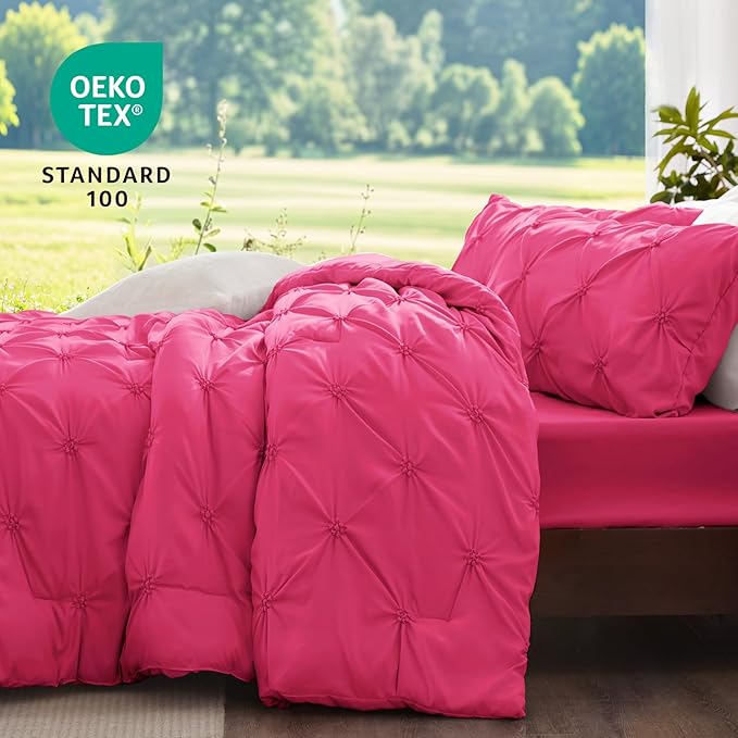 BEDELITE Hot Pink Twin Comforter Set - 2 Peices Boho Pintuck Bedding Comforter Sets, Lightweight Soft & Warm Twin Bedding Sets with 1 Pillowcase for All Season