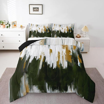 Ombre Watercolor Comforter Set Full Olive Green Bedding Set Brush Strokes Stripe Bedding Comforter Sets Contemporary Aesthetic Duvet Set Modern Graffiti Oil Painting Quilted Comforter Microfiber 3pcs