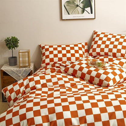CLOTHKNOW Orange Plaid Twin Comforter Set 3Pcs Grid Bedding Comforter Sets Soft All Season Checker Comforter with 2 x Pillow Cases