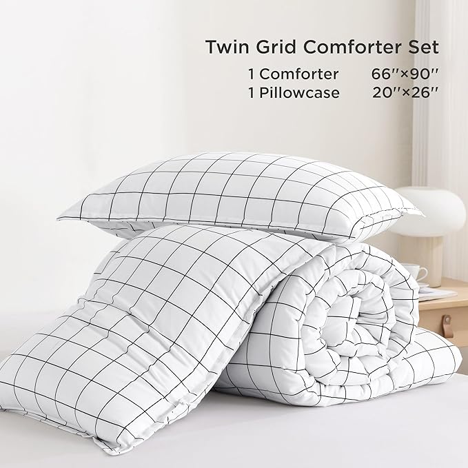 Andency Twin Comforter Set, White Gingham Plaid Grid Checkered Twin Bed Comforter Set for Dorm Boys Girls Teens Kids, 2 Pieces Lightweight Reversible Preppy Bedding Sets(66x90 Inch)