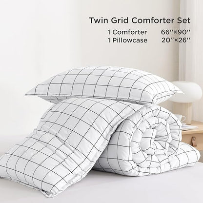 Andency Twin Comforter Set, White Gingham Plaid Grid Checkered Twin Bed Comforter Set for Dorm Boys Girls Teens Kids, 2 Pieces Lightweight Reversible Preppy Bedding Sets(66x90 Inch)