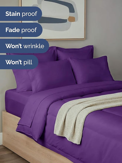 Queen Comforter Set - 7 Piece Bed in a Bag Queen Size Bed Set - Down Alternative Comforter, Flat Sheet, Fitted Sheet, Pillowcase & Shams for All Seasons - Ultra Soft, Cozy, Comfy & Breathable - Purple