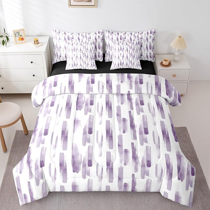 Erosebridal 7Pcs Violet Gradient Abstract Comforter Set Queen,Purple Geometric Striped Bed in A Bag for Women Men,Ink Ombre Modern Art Quilt Set with Pillowcases,Boho Graffiti Watercolor Bedding
