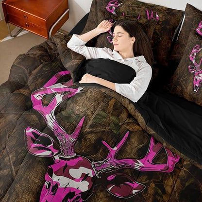 Erosebridal Deer Skull 7 Piece Bedding Set King Boho Comforter Set with Sheets Hunting Elk Western Camouflage Leaves Bed in a Bag Branches Pattern Purple Brown for Teens Men Women