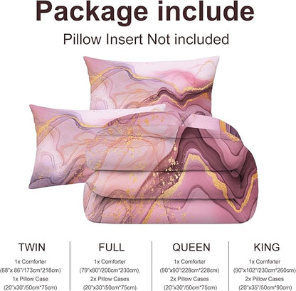 Marble Pink Gold Comforter Sets Full Pale Pink Chic Bedding Set for Girls Teens Women Boys Gold Glitter Luxury Marbling Texture Quilt Microfiber Girls Bedding Set for All Age