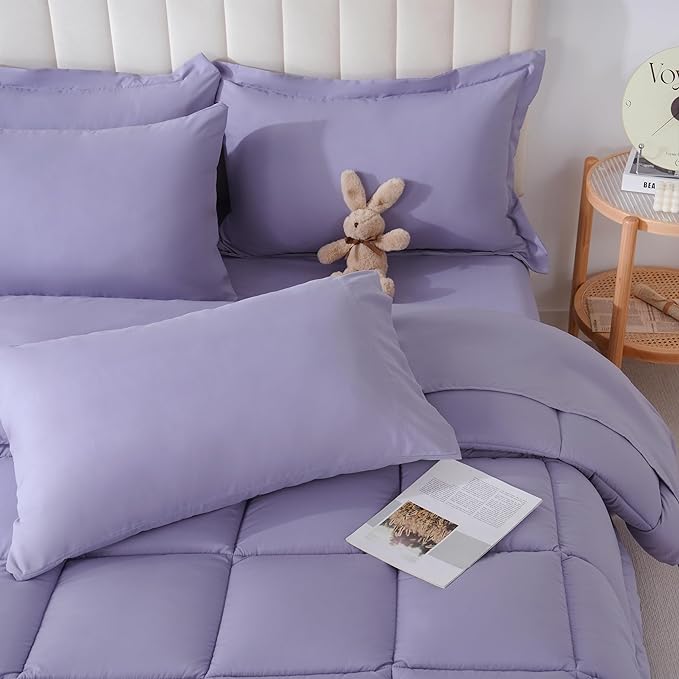 DOWNCOOL King Size Comforter Set, 7Pcs Bedding Comforter Sets Purple, All Season Down Alternative Bedding Comforter Sets with Comforter, Flat Sheet, Fitted Sheet, 2 Pillow Shams & 2 Pillowcases