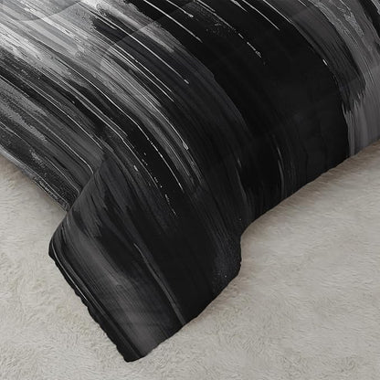 Grey Black White Gradient Print Comforter Set King Size,Abstract Art Bedding Set,Patchwork Printed Quilted Set for Teens Adult,with 1 Comforter and 2 Pillow Case