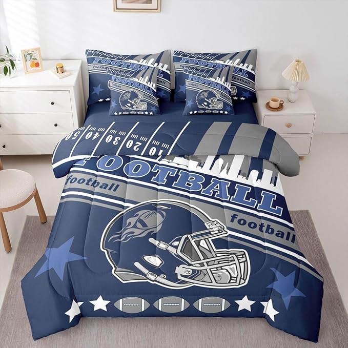 Feelyou Football 7 Pieces Comforter Sets Full Size Kids Rugby Sports Bedding Set for All Season Football City Bed in a Bag with Comforter, Sheets, Pillowcases & Cushion Cover