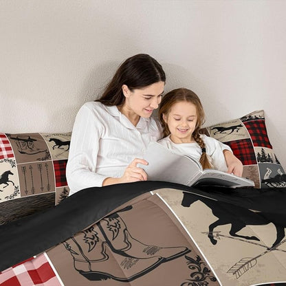 Erosebridal Rustic Patchwork Comforter King, Retro Horse Bedding Set for Kids Teens Adult Checkered Buffalo Plaid Comforter Set Southwestern Riding Boots Horseshoe Duvet Insert Farmhouse Decorations