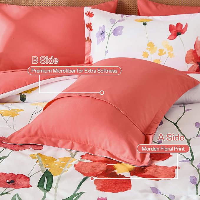 Anibedding 8Pieces Queen Comforter Set, Pink Red Watercolor Floral Queen Size Bed in a Bag Comforter Set with Pillowcase, Sheets for All Season