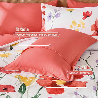 Anibedding 8Pieces Queen Comforter Set, Pink Red Watercolor Floral Queen Size Bed in a Bag Comforter Set with Pillowcase, Sheets for All Season
