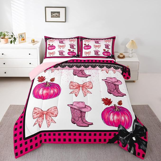 Erosebridal Pink Kawaii Cowgirl Bedding Comforter Sets King for Kids Girls Teen Women,Western Cowboy Boots Hat Bedding Set Cute Bowknot Pumpkin Comforter Set,Plaid Decor Quilt Duvet 2 Pillow Cases