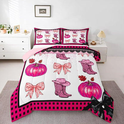 Erosebridal Pink Kawaii Cowgirl Bedding Comforter Sets King for Kids Girls Teen Women,Western Cowboy Boots Hat Bedding Set Cute Bowknot Pumpkin Comforter Set,Plaid Decor Quilt Duvet 2 Pillow Cases