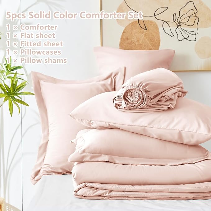 CozyLux Twin Comforter Set Blush Pink, 5 Pieces Bed in a Bag Twin Comforter Set with Sheets, All Season Bed Sets with Down Alternative Comforter, Fitted Sheet, Flat Sheet, Pillow Sham and Pillowcase