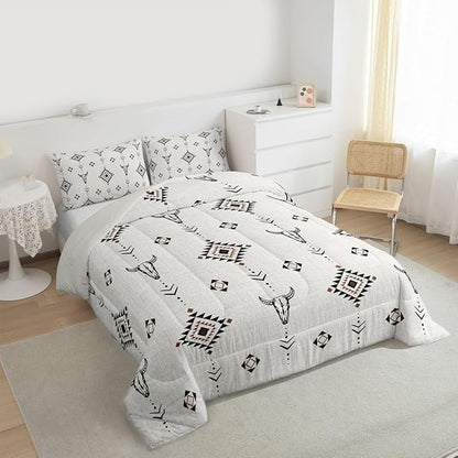 Erosebridal Western Aztec Comforter Set Full Size, Boho Farmhouse Bedding Set for Kids Boys Teens Ethnic Southwest Bull Skull Cow Quilt American Native Southwestern Duvet Insert Bedroom Decor