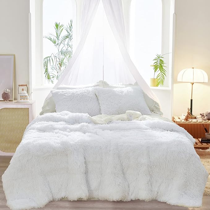 Joyreap 3-Piece Plush Shaggy Comforter Set, Full/Queen Size Luxury Faux Fur Sherpa Reversible Bedding Comforter Set, Ultra Cozy Warm Fluffy Bedding Set for Winter (Raw White, 88x88 inches)
