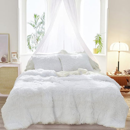 Joyreap 3-Piece Plush Shaggy Comforter Set, Twin Size Luxury Faux Fur Sherpa Reversible Bedding Comforter Set, Ultra Cozy Warm Fluffy Bedding Set for Winter (Raw White, 68x86 inches)