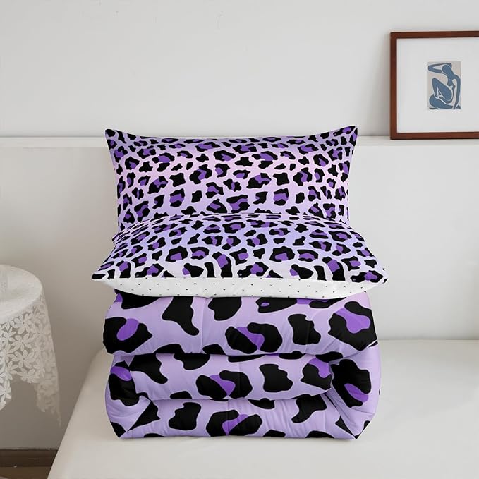 Feelyou Purple Leopard Bedding Set Cheetah Comforter Set for Kids Boys Girls Teens Room Decor Animal Print Comforter King Size Safari Duvet Set 3Pcs