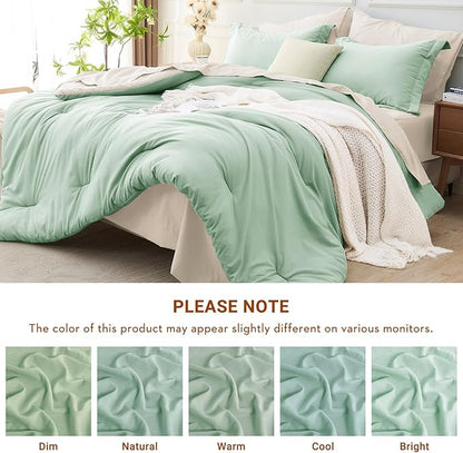 MUXHOMO 7 Pieces Full Comforter Set, Soft Bed in a Bag Full Size, All Season Bedding Set with Comforter, Flat Sheet, Fitted Sheet, Pillowcases & Shams, Sage Green & Beige