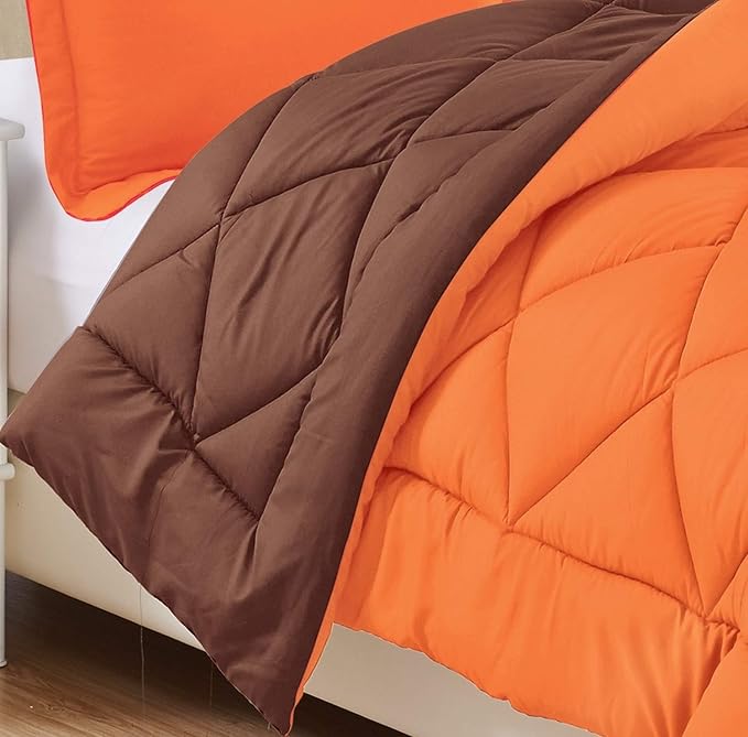 Elegant Comfort Goose Down Alternative-Diamond-Stitched-Quilted 2-Piece Reversible Comforter Set/Duvet Insert Ultra Soft Bedding-Medium Warmth for All Seasons, Twin XL, Orange/Brown