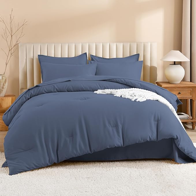 Litanika California King Comforter Set Bluish Grey - 7 Pieces Bed in a Bag Cal King Bedding Comforter Sets, Plain Lightweight Bed Set with Comforter, Sheets, Pillowcases & Shams