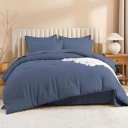 Litanika Full Size Comforter Sets Bluish Grey - 7 Pieces Bed in a Bag Full Bedding Comforter Sets, Solid Lightweight Bed Set with Comforter, Sheets, Pillowcases & Shams