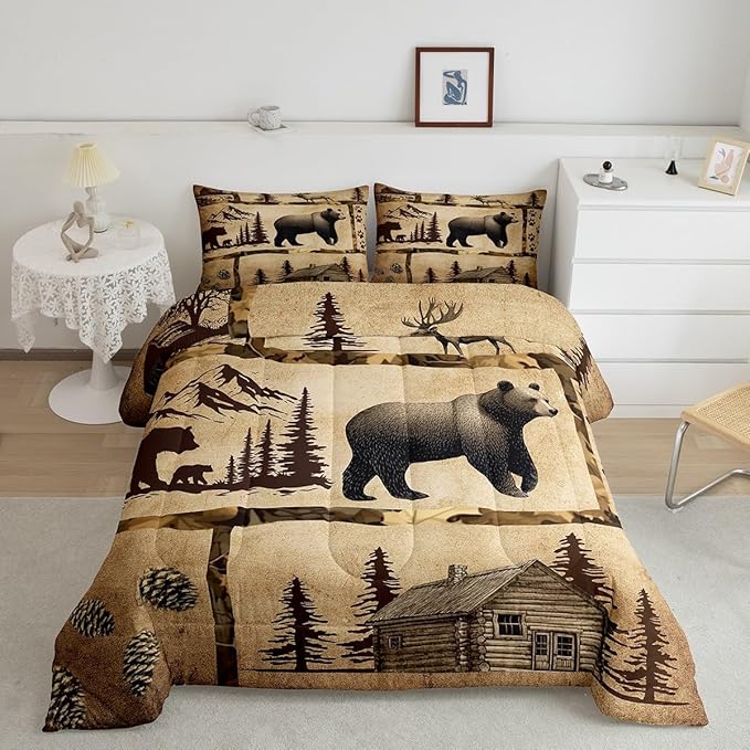 Feelyou Lodge Cabin Comforter Set Full Size Gray Bear Pine Tree Silhouette Pattern Quilted Duvet with 2 Pillowcases+1 Wild Animal Western Jungle Style Bedding for Teens Adults 3 Pcs