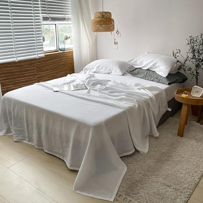 Simple&Opulence Washed Linen Bed Sheet Set Basic Style 4 Pieces (1 Flat Sheet & 1 Fitted Sheet & 2 Pillowcases) 100% Natural French Flax Soft Breathable Farmhouse Bedding (Queen, White)